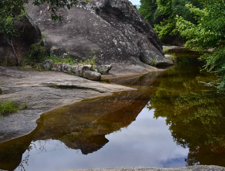 A stream running over flat rock on the Tani trail, the sky and the trees on the bank held still in the water.