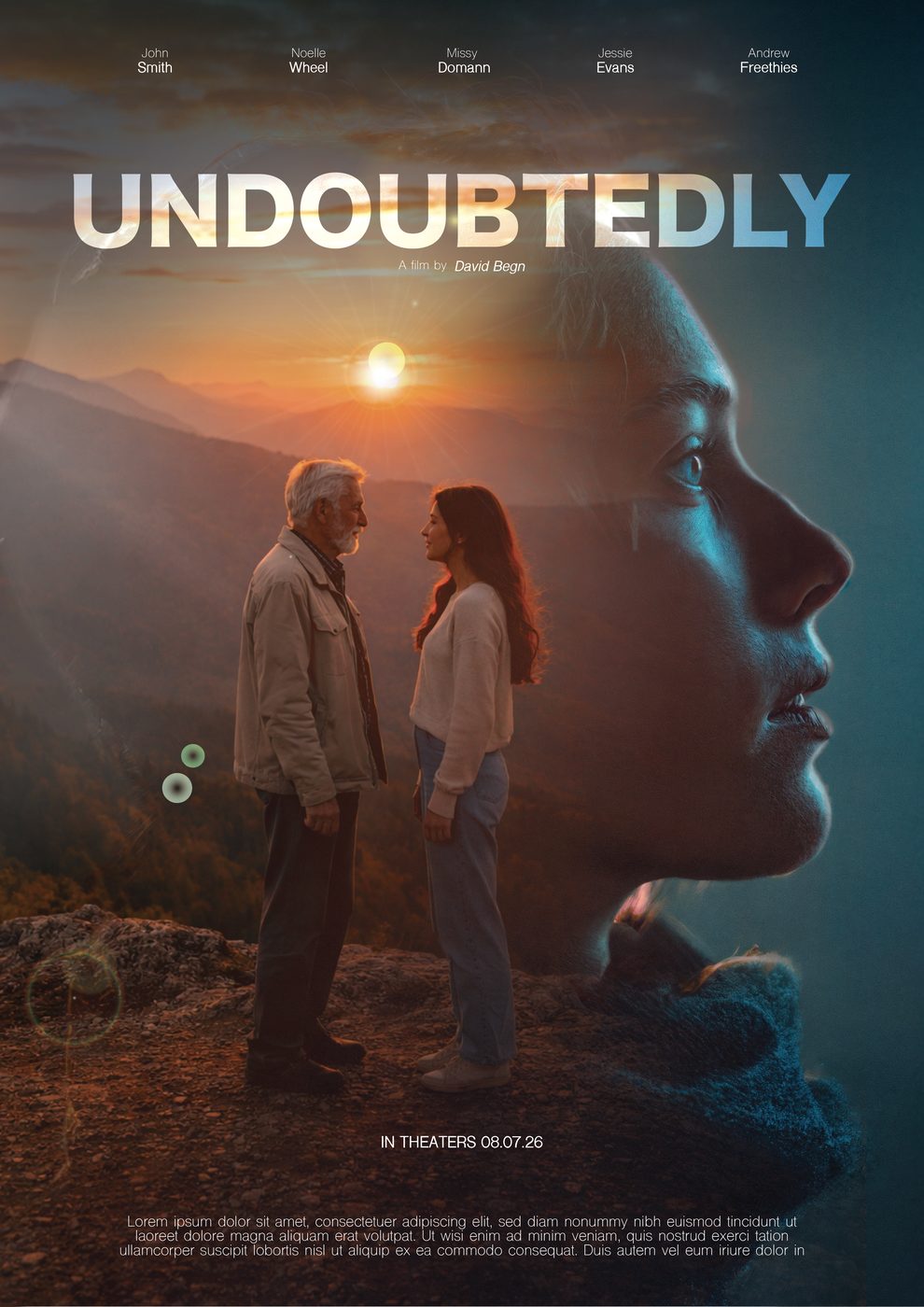 Movie poster titled Undoubtedly, double-exposure of a couple at sunset inside a woman's profile