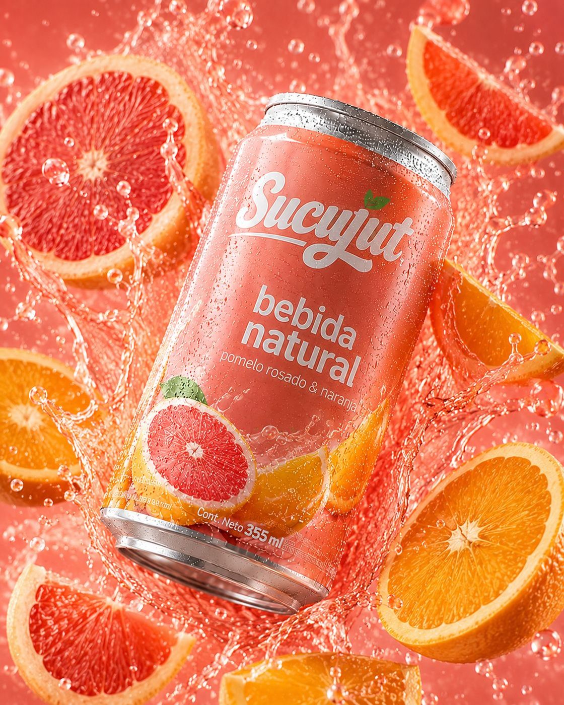Sucujut can in pink grapefruit and orange flavour, suspended in a coral splash with grapefruit and orange slices